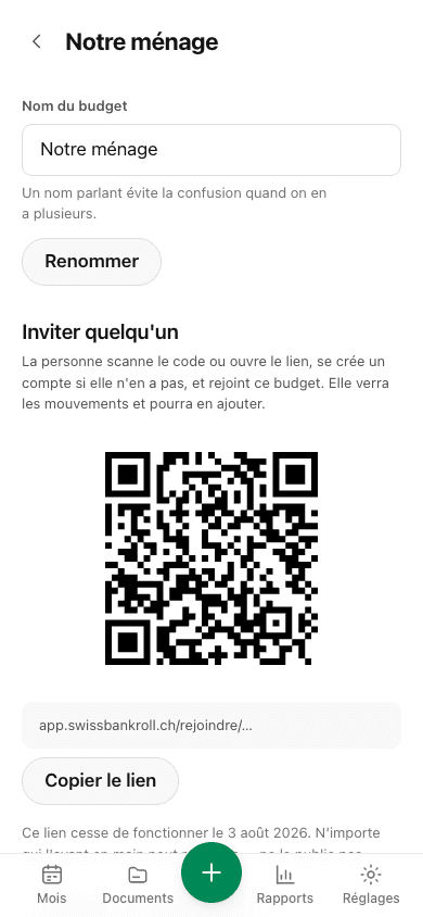 L’écran de partage affiche un QR code d’invitation et la liste des deux membres du budget