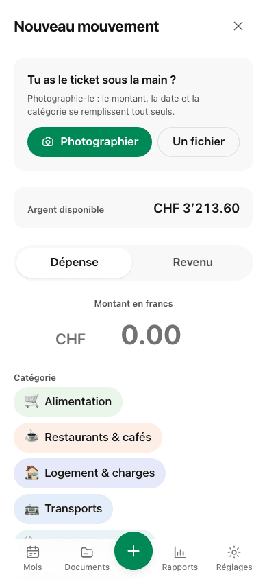 L’écran de saisie propose de photographier le ticket avant même de taper un montant